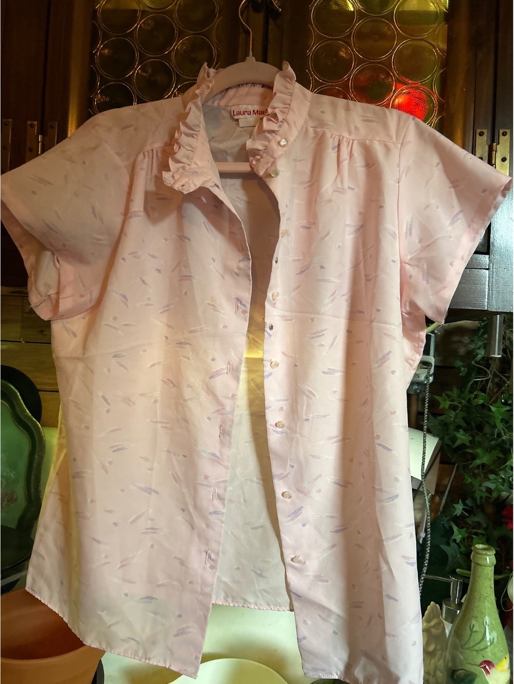 Laura Mae Pink Short Sleeve Blouse with Ruffle Collar